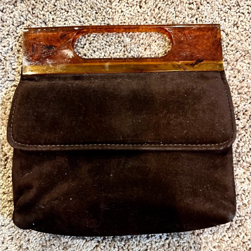 NEW Brown Suede Clutch with Amber Tortoiseshell Handle small classic Vintage